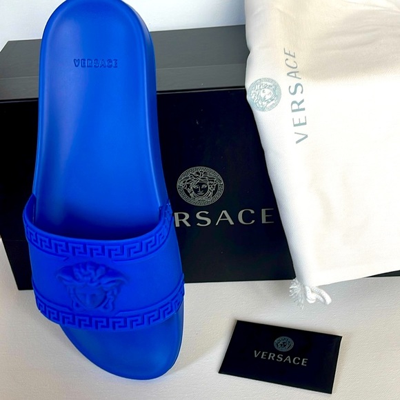 Versace Other - NWT VERSACE ROYAL BLUE MEDUSA HEAD PALAZZO POOL SLIDES MADE IN ITALY MENS 10